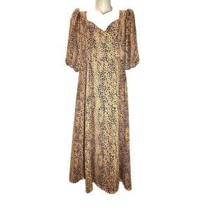 WAYF Leopard Print Faux Wrap Puff Elbow Sleeve midi Women's Brown Dress Sz M